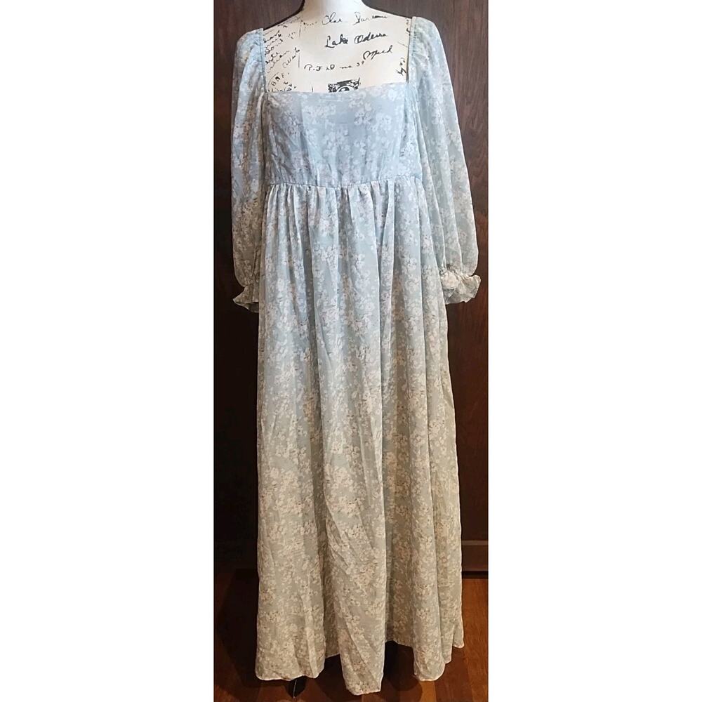 Storia Prom Floral Cottagecore Prairie Puff Sleeve Maxi Dress XL Green Lined